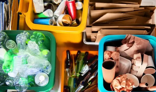 Renkli geri dönüşüm kutularında ayrılmış atıklar; plastikler, camlar ve kağıtlar.