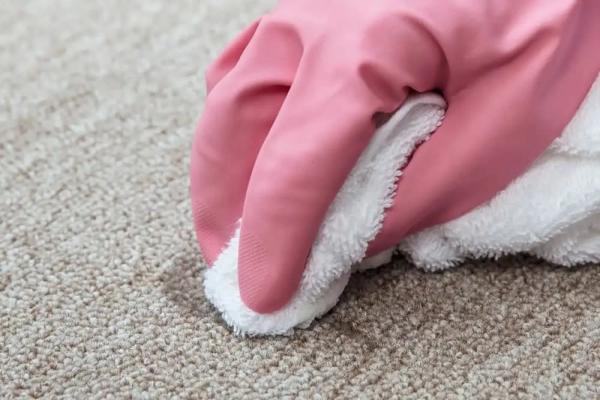 Pembe eldiven takan bir el, beyaz bir bezle halı temizliği yapıyor.