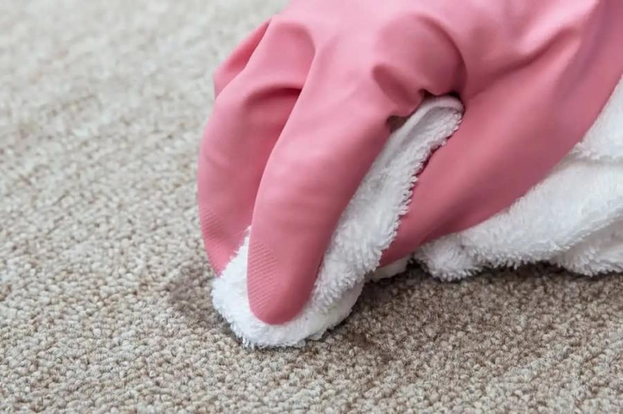 Pembe eldiven takan bir el, beyaz bir bezle halı temizliği yapıyor.