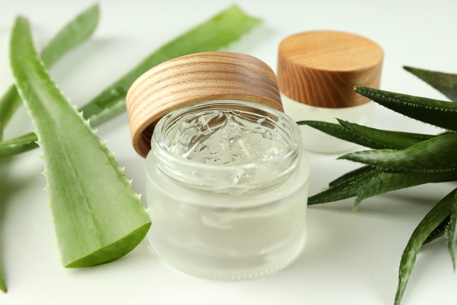 Aloe vera yaprakları ve açık kapağı olan bir kavanoz içinde aloe vera jeli.