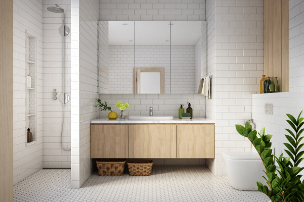 Beyaz karolajlı, modern tasarımlı, düzenli bir banyo iç mekanı.