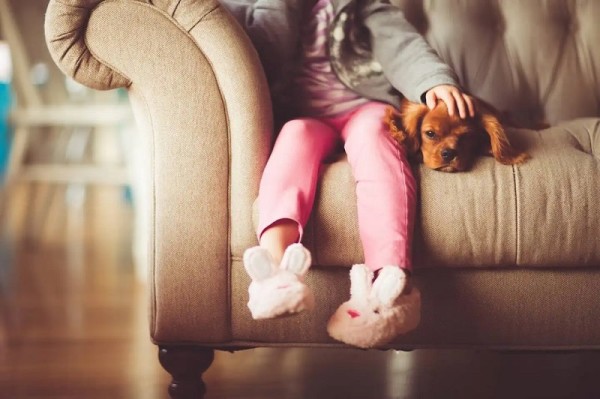 Pembe pantolonlu ve tavşan terlikli bir çocuğun, koltukta uzanmış küçük bir köpeği okşadığı görülmektedir.