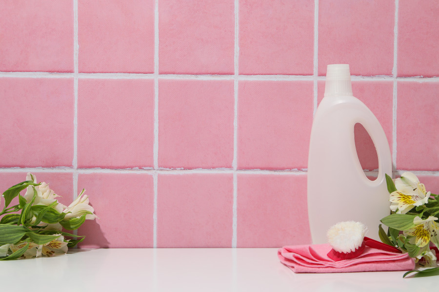 Pembe fayans duvar, beyaz kapaklı deterjan şişesi, pembe temizlik bezi ve çiçek buketi.