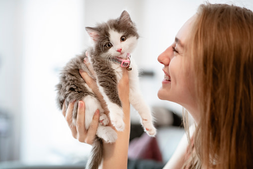 Bir kadının neşeli bir şekilde yavru kedi tuttuğu görüntü.