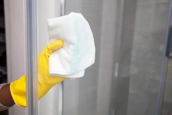 Sarı eldiven giymiş bir el, beyaz bir bezle cam duş kapısını temizliyor.