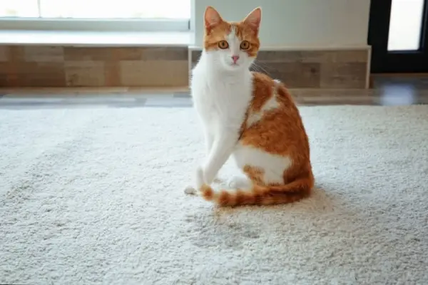Halı üzerinde oturan sarı-beyaz kedi.