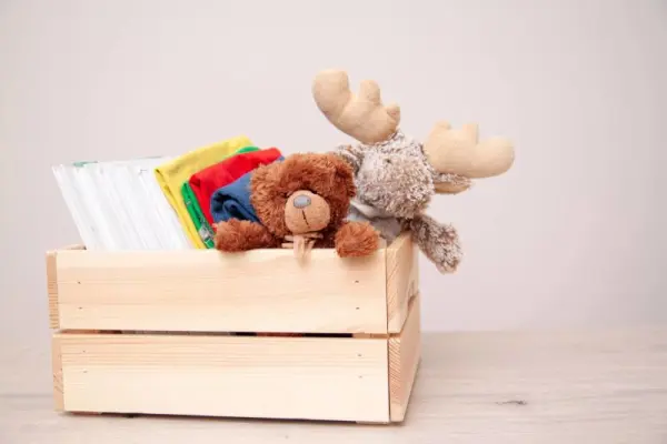 Ahşap kutuda kitaplar ve peluş oyuncaklar.