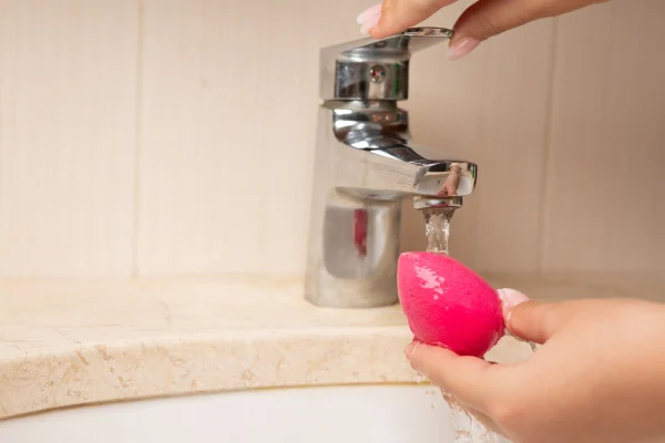 Bir kişinin pembe sünger makyaj süngeri yıkadığı lavabo ve musluk.
