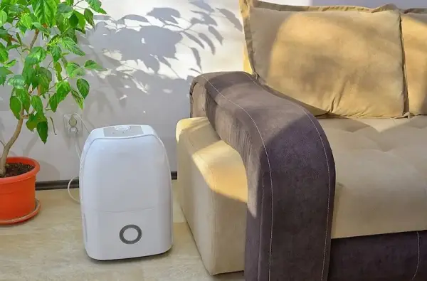 Bir oturma odasını gösteren resim; içerisinde beyaz bir hava temizleyici cihaz, kahverengi ve bej renkli bir kanepe ve saksı içinde bir ev bitkisi bulunuyor.